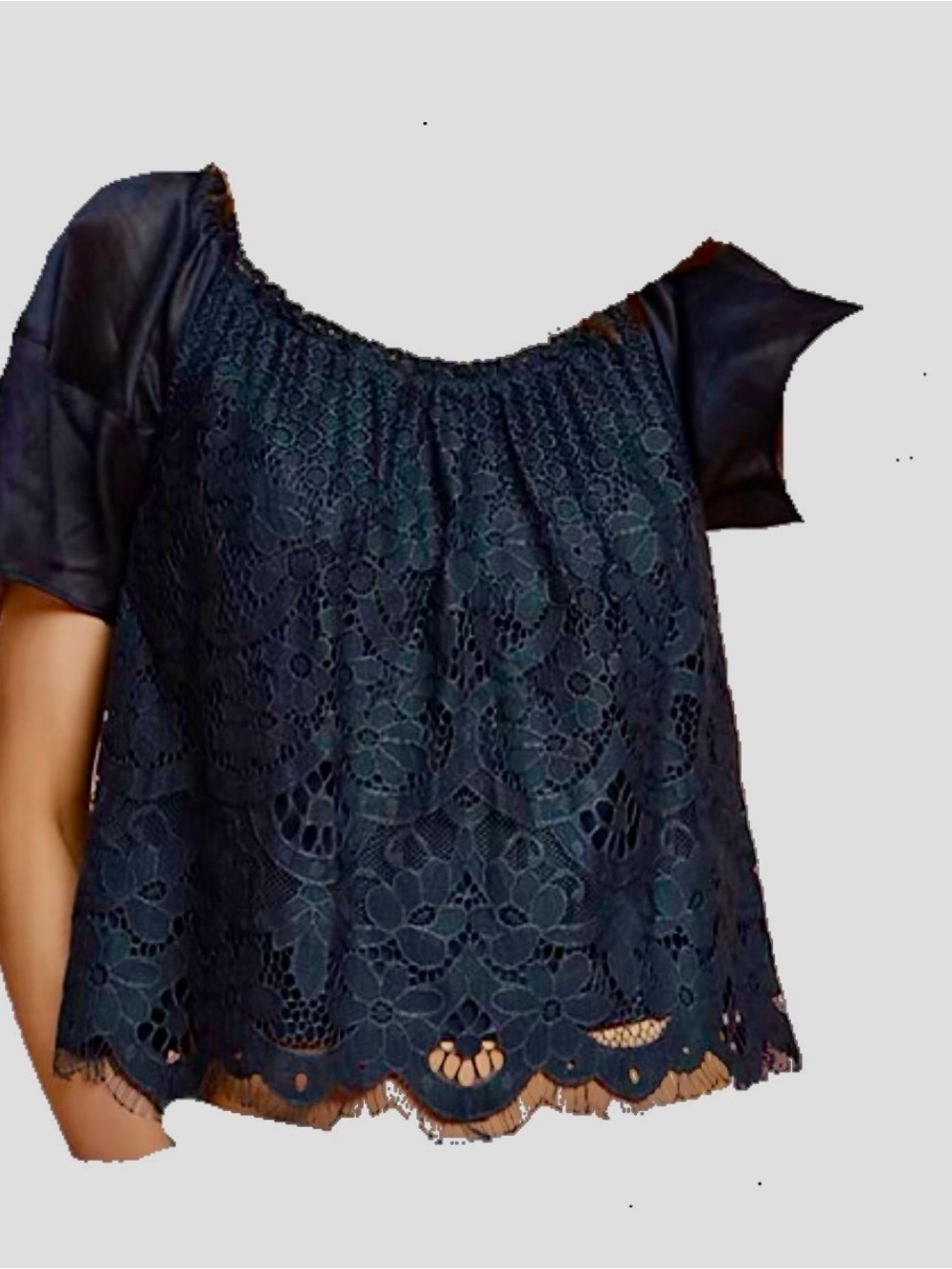 Moulinette Soeurs EUC Navy Lace Peasant Blouse L Anthro Eyelash Hem